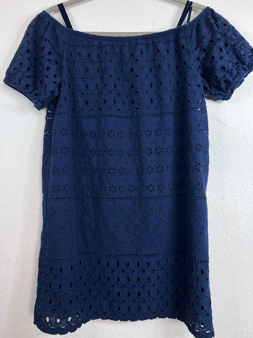 City Studio Blue Eyelet Off Shoulder Mini Dress Cotton Lined M